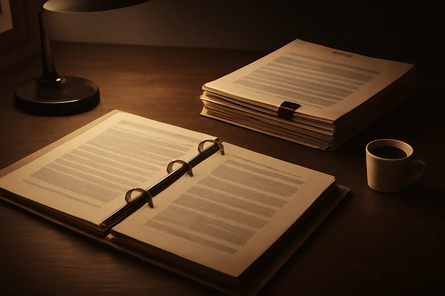 Un espacio de trabajo con un documento traducido y sellado, una carpeta de material de referencia y una lámpara de escritorio.