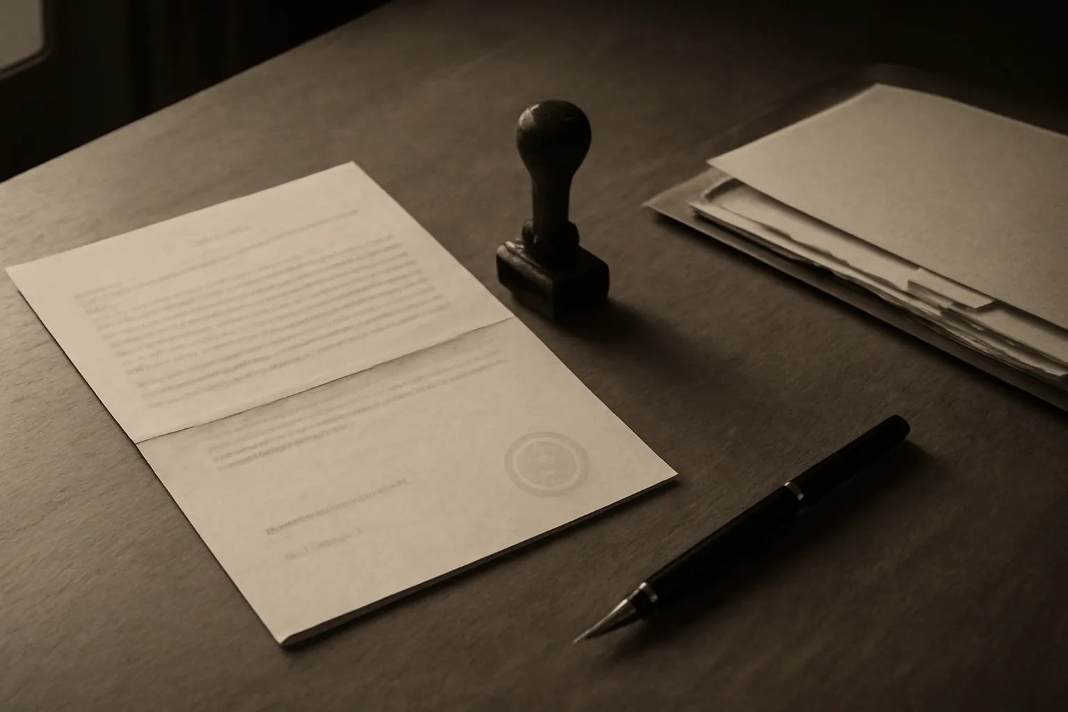 A desk with a translated document, a stamp, and a folder of reference materials.